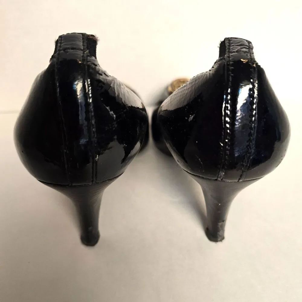 TORY BURCH Caroline Black Patent Leather Pumps Gold Medallion Sz 8